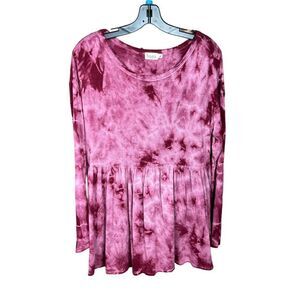 Baea Peplum Tunic Top Rounded Neck Pink Magenta White Tie Dye Long Sleeve Large